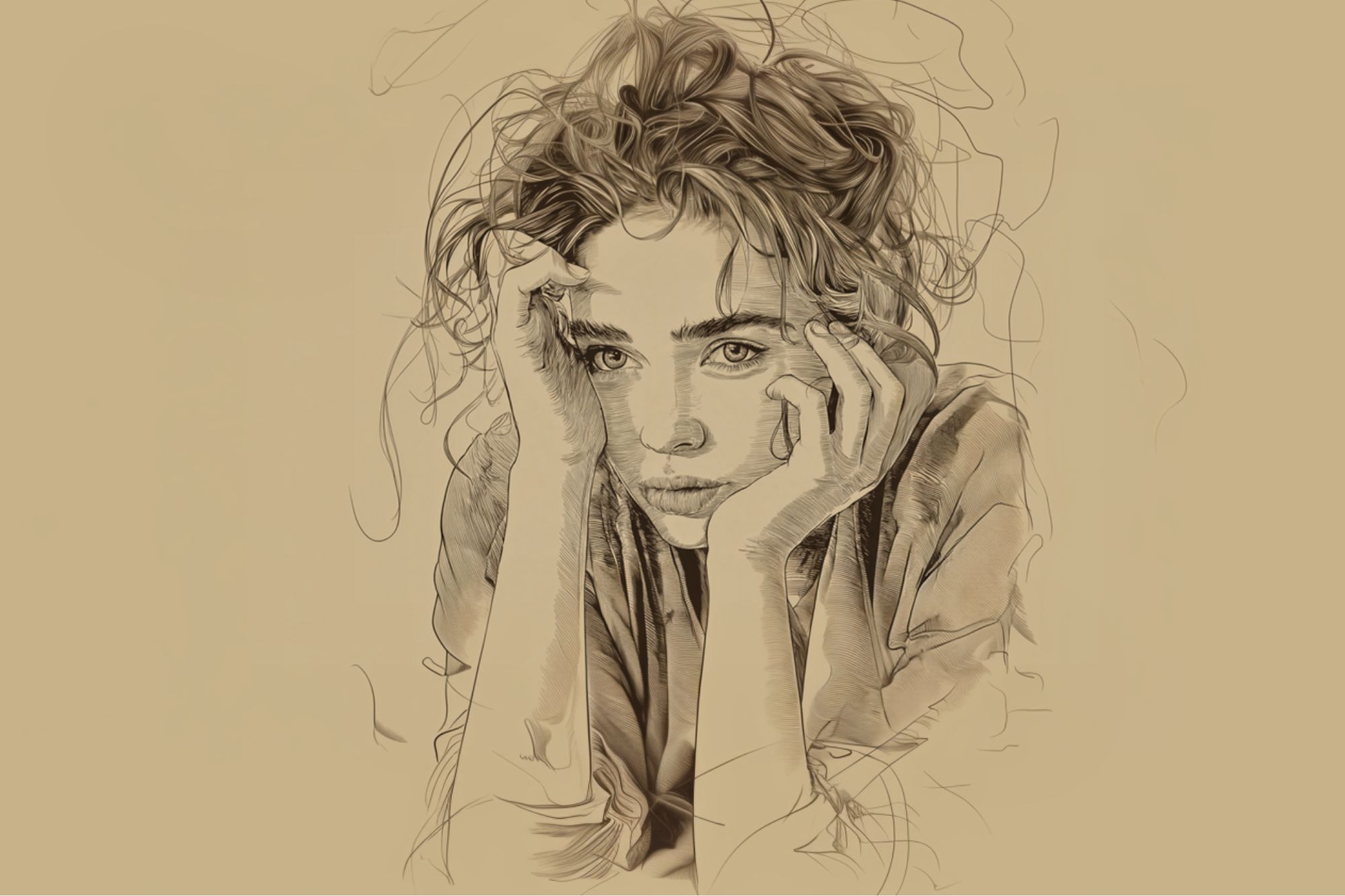 A sketch of a woman with tousled hair, resting her face in her hands and gazing forward with a thoughtful, pensive expression. The artwork is drawn in a loose, expressive style on a beige background.