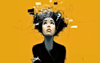 A woman looks upward with a troubled expression. Abstract scribbles, rectangles, and a question mark surround her head on a yellow background, symbolizing confusion or overthinking.