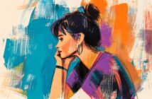 A colorful illustration of a woman in profile, resting her chin on her hand, with dark hair in a bun, wearing hoop earrings and a purple top against a vibrant blue, orange, and white abstract background.