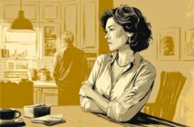 A woman with short curly hair stands with arms crossed at a kitchen counter, looking concerned. A man stands in the background by the stove. The image has a yellow and monochrome color scheme, and a cup sits on the counter.