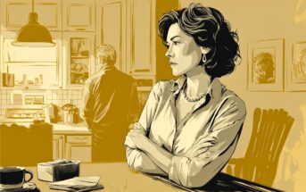 A woman with short curly hair stands with arms crossed at a kitchen counter, looking concerned. A man stands in the background by the stove. The image has a yellow and monochrome color scheme, and a cup sits on the counter.