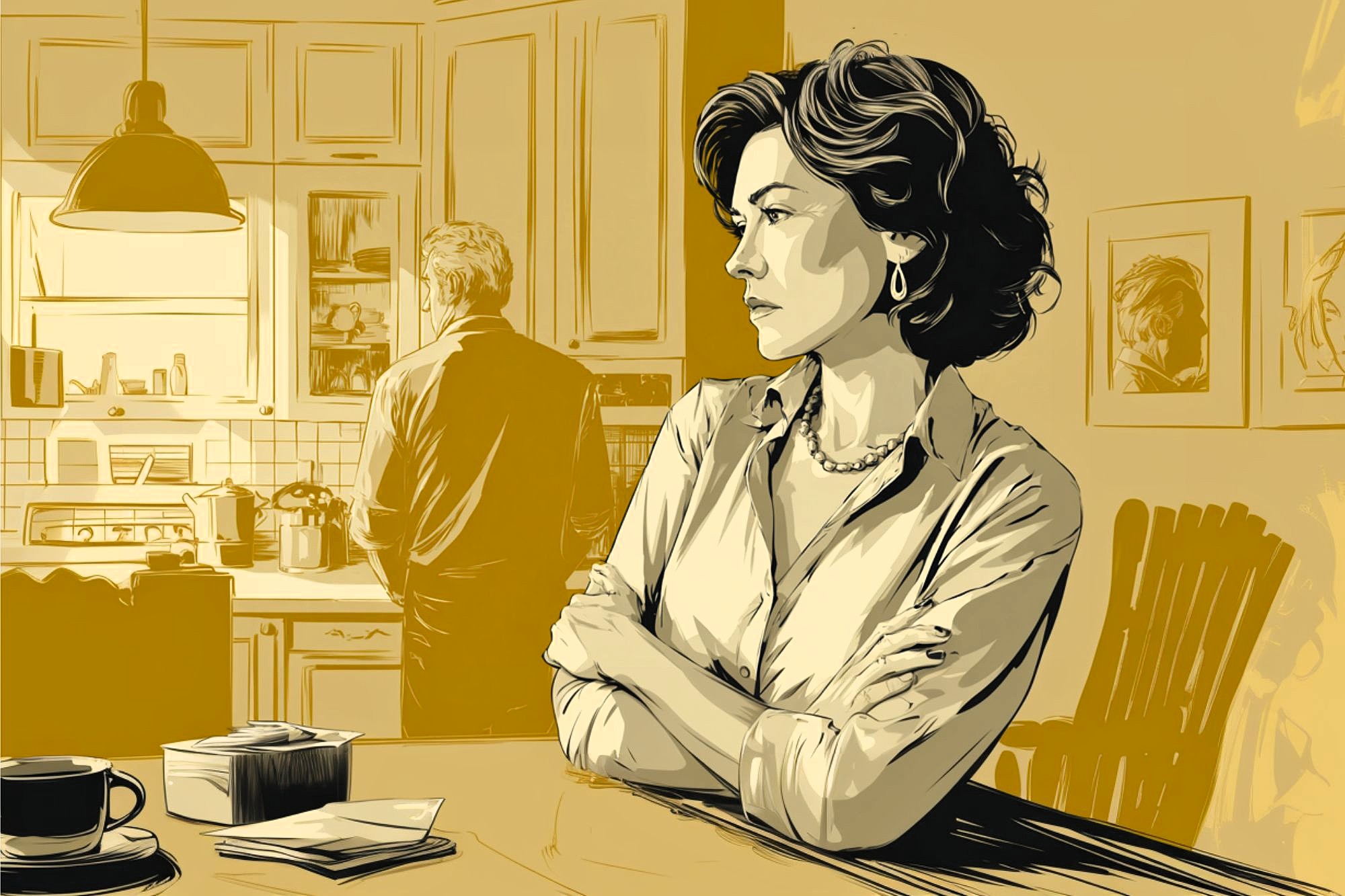A woman with short curly hair stands with arms crossed at a kitchen counter, looking concerned. A man stands in the background by the stove. The image has a yellow and monochrome color scheme, and a cup sits on the counter.