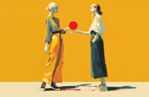 Two women stand facing each other against a bright yellow background. One woman holds a red ball out toward the other. Both wear loose, modern clothing and sneakers, with a minimal, stylized, and painterly art style.