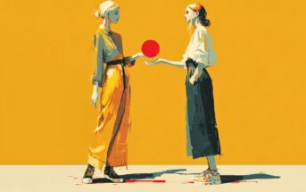 Two women stand facing each other against a bright yellow background. One woman holds a red ball out toward the other. Both wear loose, modern clothing and sneakers, with a minimal, stylized, and painterly art style.