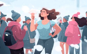 A woman in a light blue sleeveless top fans herself, looking hot, while everyone else around her wears winter clothing and hats in a snowy outdoor setting.