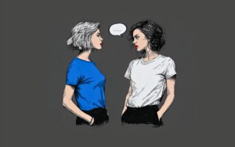 Two women with short hair, one with white hair in a blue shirt and the other with black hair in a white shirt, stand facing each other with hands in pockets. A speech bubble with ellipsis appears between them.