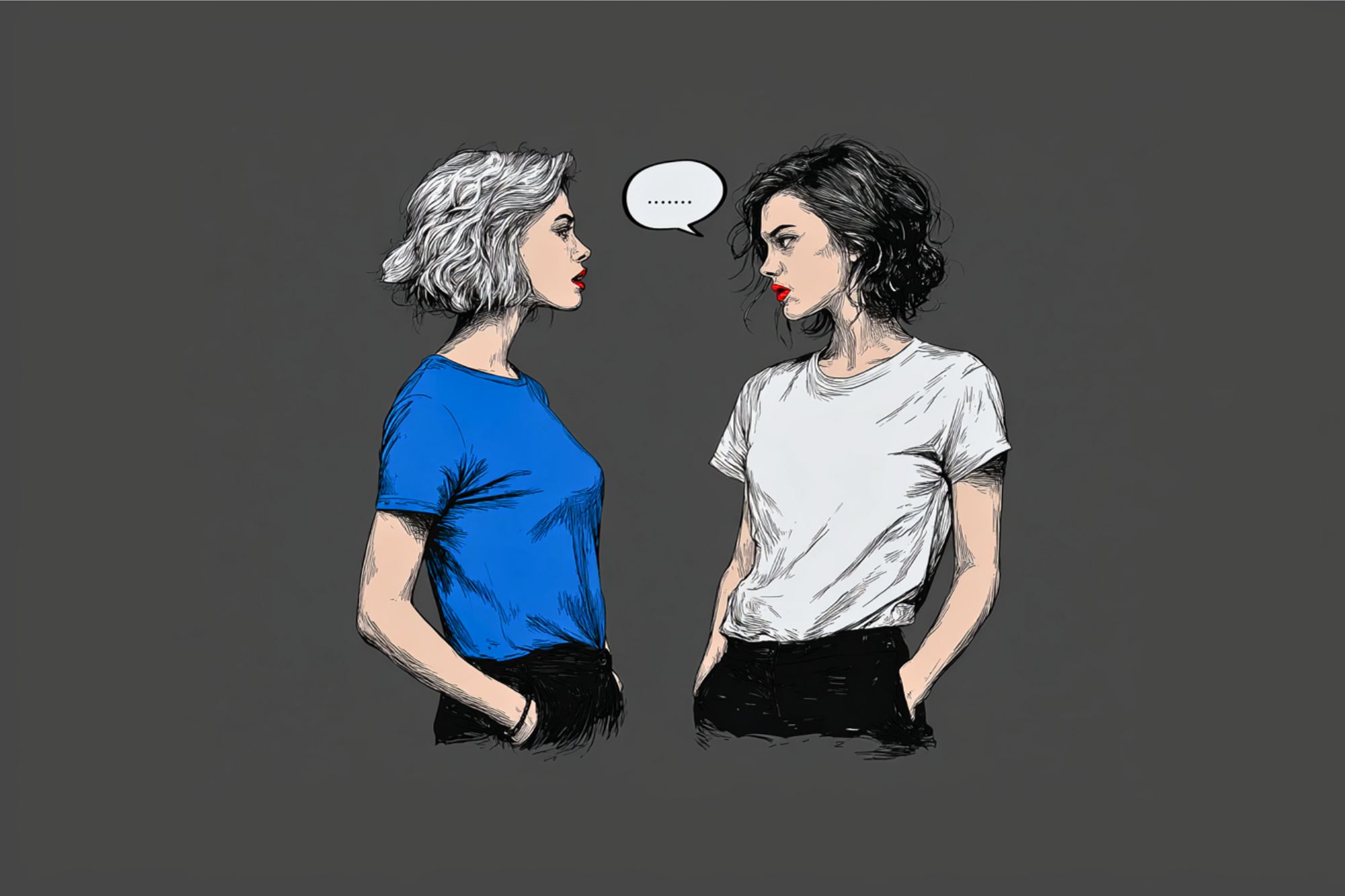 Two women with short hair, one with white hair in a blue shirt and the other with black hair in a white shirt, stand facing each other with hands in pockets. A speech bubble with ellipsis appears between them.