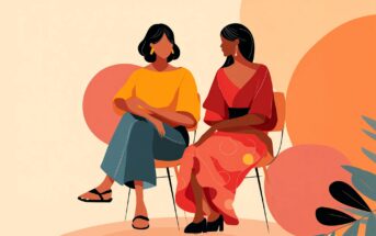 Illustration of two women sitting on chairs, facing each other and talking. One wears a yellow top and blue jeans, the other a red dress with patterns. Abstract orange shapes and green leaves decorate the background.