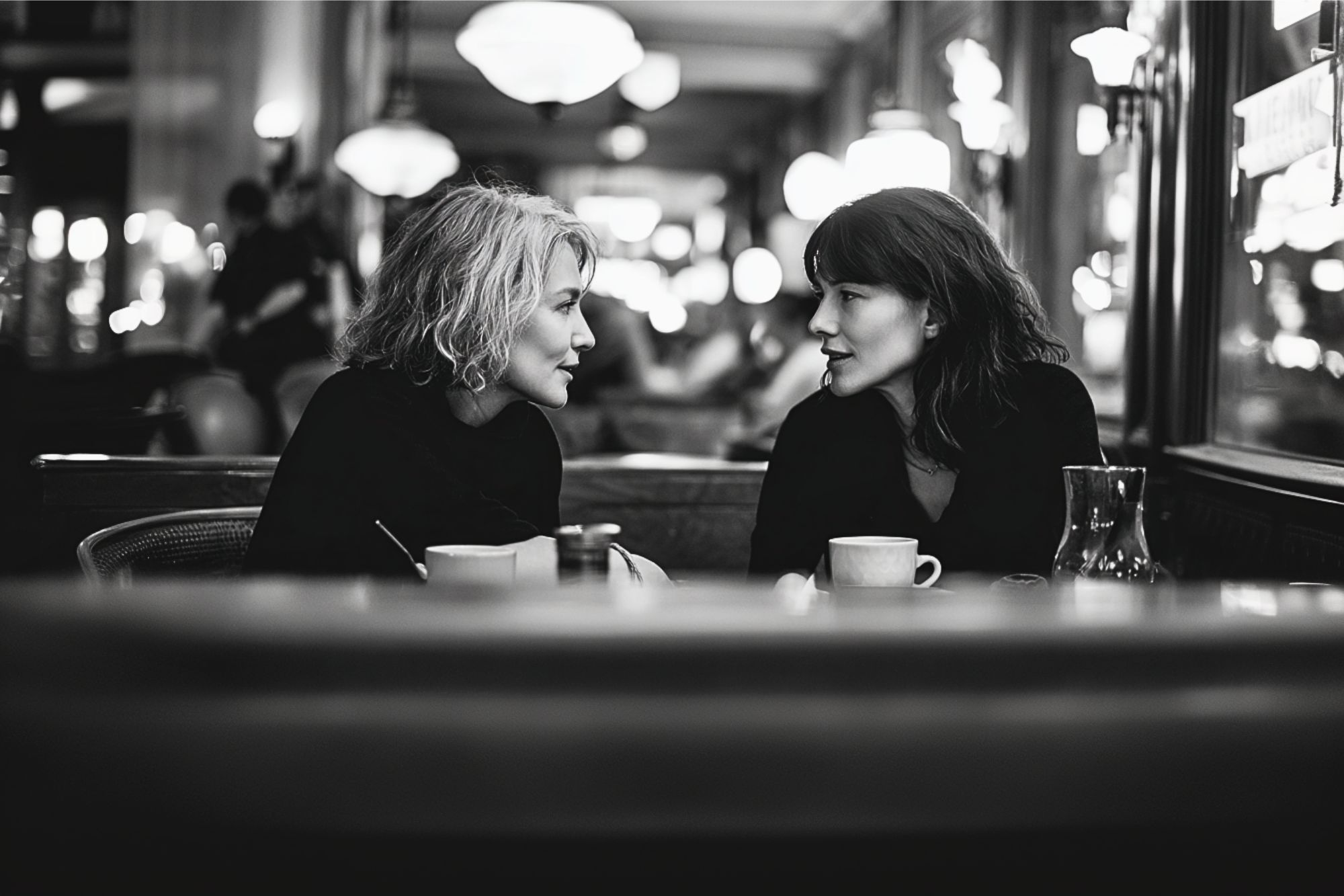 Two women sit across from each other at a café table, engaged in conversation. Both have cups in front of them. The background is warmly lit with blurred lights, creating a cozy and intimate atmosphere.