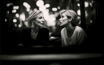 Two women sit closely together in a dimly lit setting, having an intense conversation. The scene is in black and white, with soft, out-of-focus lights in the background creating a moody atmosphere.