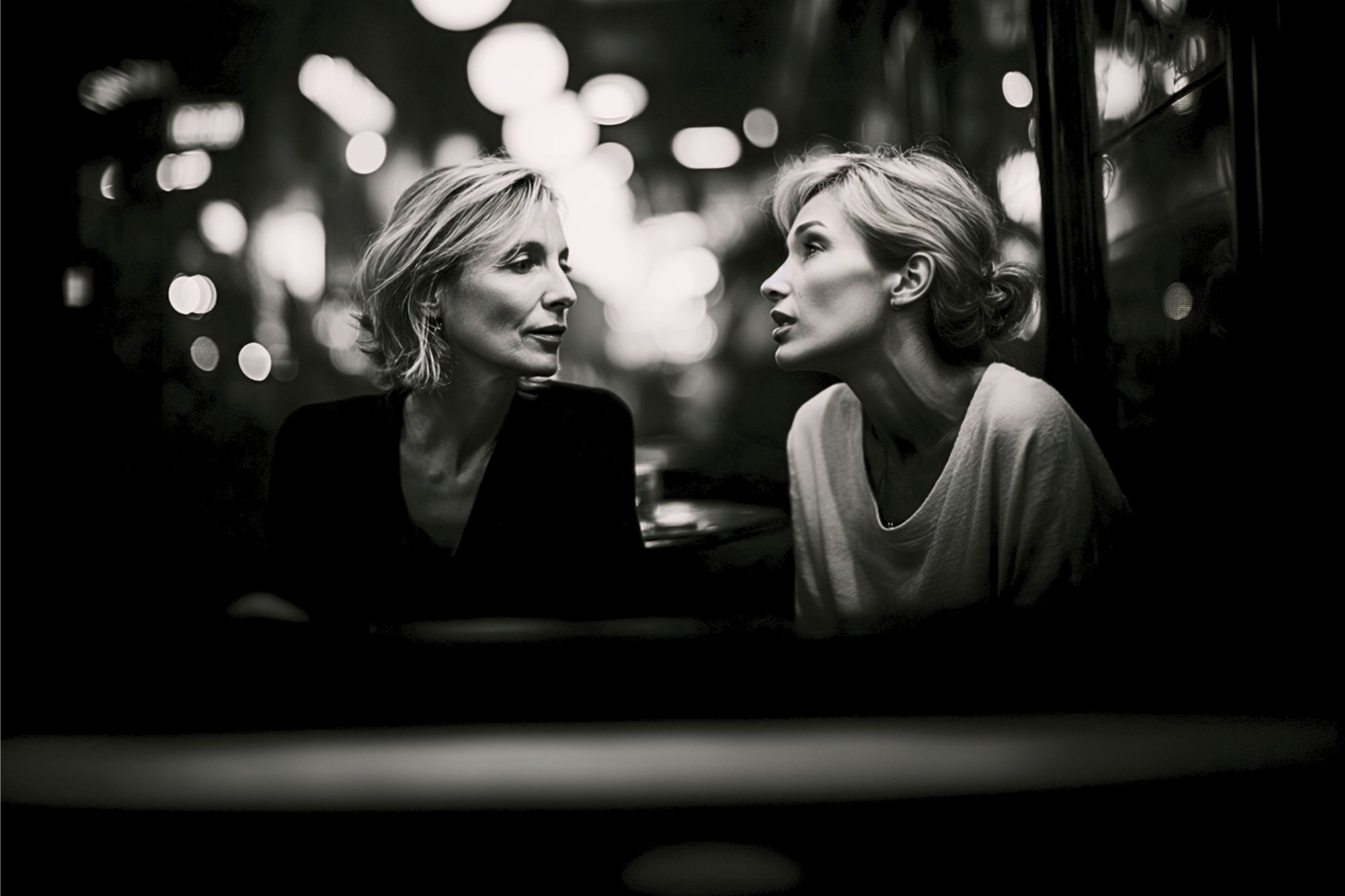 Two women sit closely together in a dimly lit setting, having an intense conversation. The scene is in black and white, with soft, out-of-focus lights in the background creating a moody atmosphere.