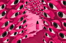 A person in a pink dress stands in a surreal pink tunnel lined with large, staring eyes on both sides, creating a sense of being watched.