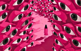 A person in a pink dress stands in a surreal pink tunnel lined with large, staring eyes on both sides, creating a sense of being watched.