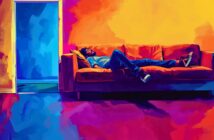 A man lies on an orange couch in a vividly colored room with yellow, red, and purple tones. An open doorway reveals a contrasting blue-lit adjacent space, creating a dramatic, artistic atmosphere.