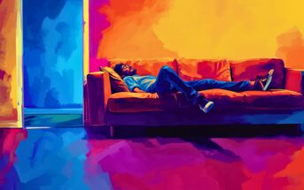 A man lies on an orange couch in a vividly colored room with yellow, red, and purple tones. An open doorway reveals a contrasting blue-lit adjacent space, creating a dramatic, artistic atmosphere.