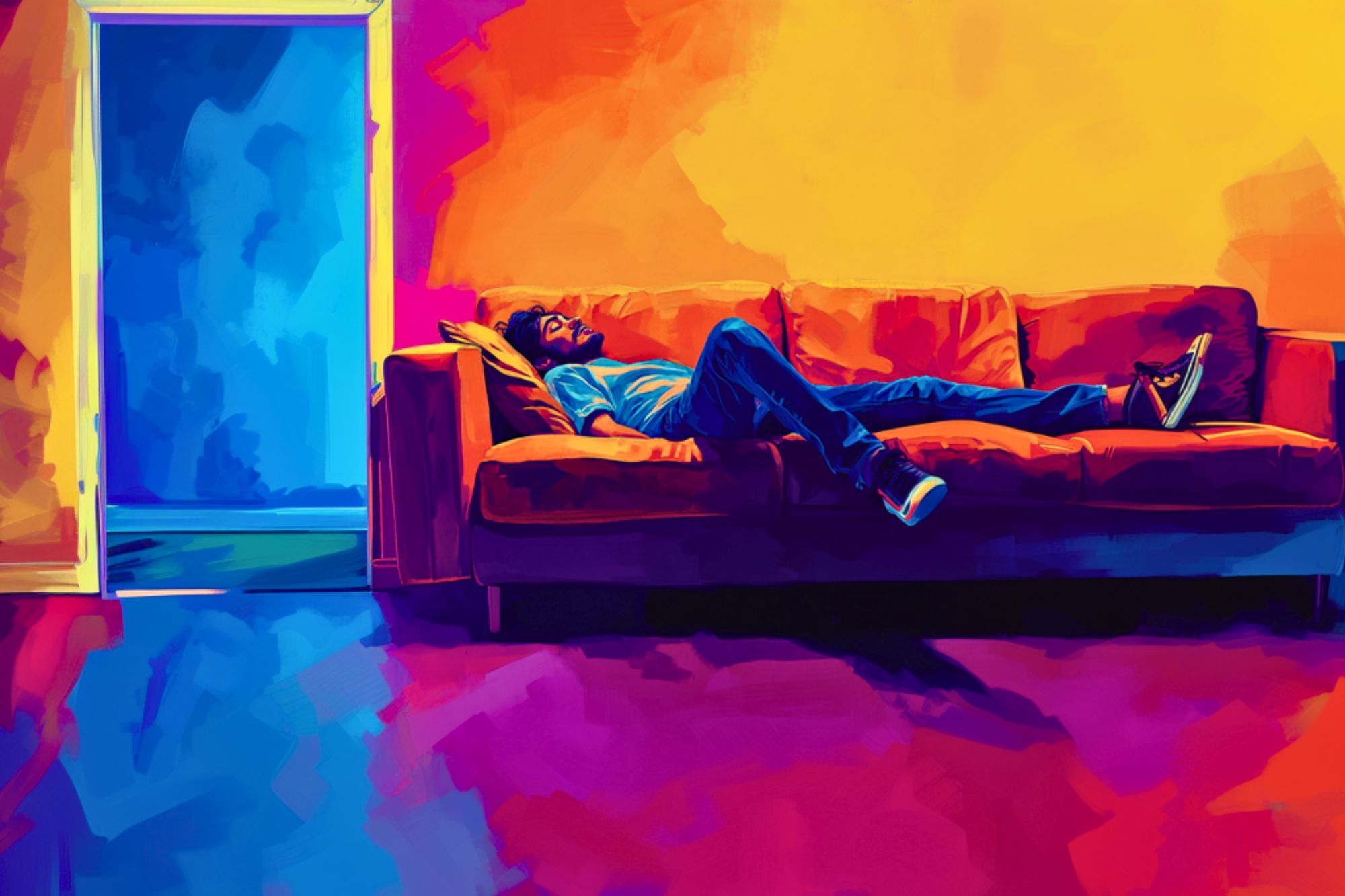 A man lies on an orange couch in a vividly colored room with yellow, red, and purple tones. An open doorway reveals a contrasting blue-lit adjacent space, creating a dramatic, artistic atmosphere.