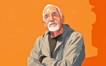 A digital illustration of an older man with white hair and a beard, wearing a gray jacket and dark shirt, stands with arms crossed against a bright orange background.