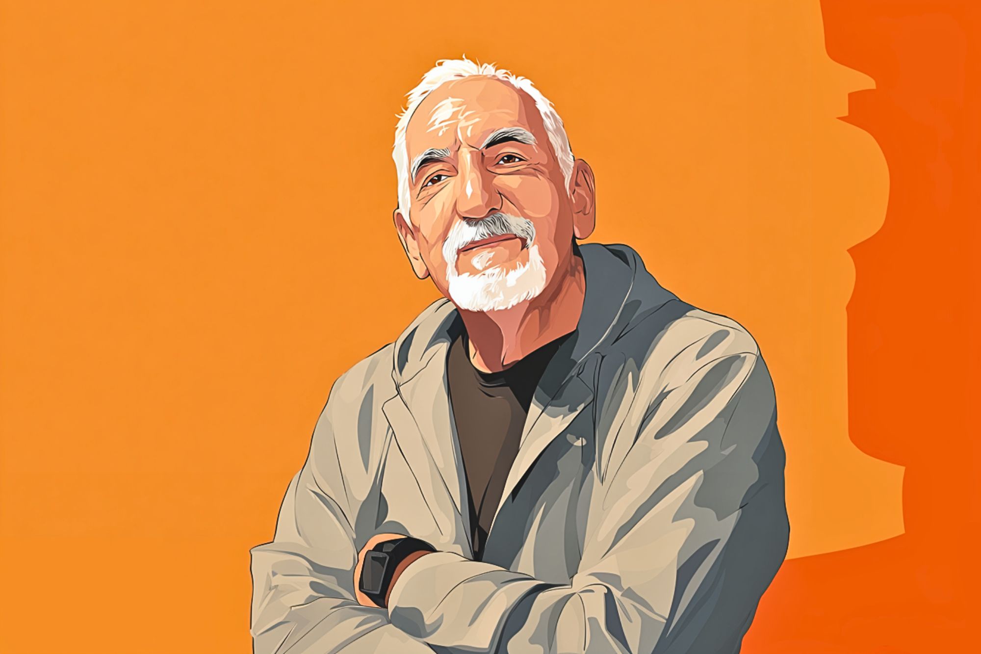 A digital illustration of an older man with white hair and a beard, wearing a gray jacket and dark shirt, stands with arms crossed against a bright orange background.