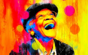 A vibrant, colorful portrait of an elderly person laughing joyfully, wearing glasses, a hat, and earrings, set against a bright background with red, yellow, and pink hues and circular shapes.