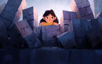 A girl with long dark hair and a serious expression peers over a wall of large, uneven stone blocks, with more blocks stacked and leaning around her against a blue and purple-toned background.