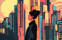 A woman with dark hair in a bun stands in profile against a vibrant, stylized cityscape with tall skyscrapers and a large setting sun in the background. The colors are warm and bold, with shades of orange, yellow, and blue.