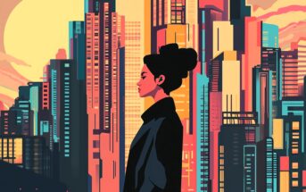 A woman with dark hair in a bun stands in profile against a vibrant, stylized cityscape with tall skyscrapers and a large setting sun in the background. The colors are warm and bold, with shades of orange, yellow, and blue.