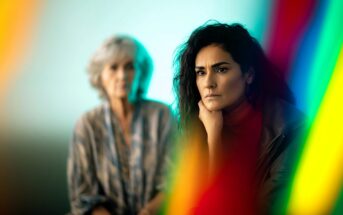 A woman with dark curly hair looks thoughtful and concerned, resting her chin on her hand, while an older woman sits blurred in the background. Colorful light streaks frame the image.