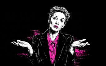 Illustration of a woman in a suit shrugging with raised hands, wearing a bright pink shirt, on a black background with pink brush strokes behind her. Her facial expression looks uncertain or indifferent.