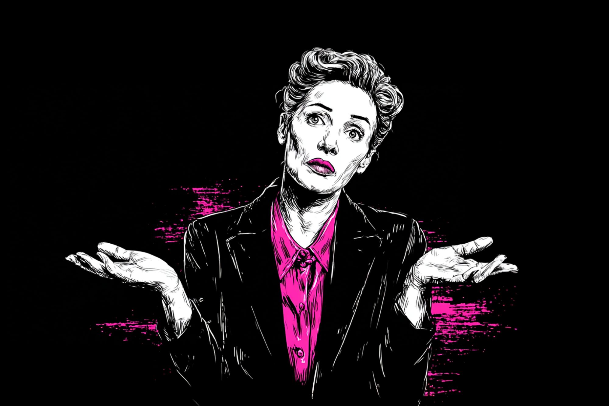 Illustration of a woman in a suit shrugging with raised hands, wearing a bright pink shirt, on a black background with pink brush strokes behind her. Her facial expression looks uncertain or indifferent.