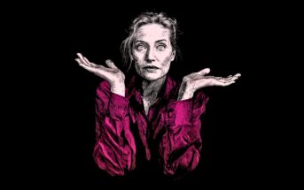Illustration of a woman with a confused expression, wearing a magenta shirt, raising both hands in a shrugging gesture against a black background.