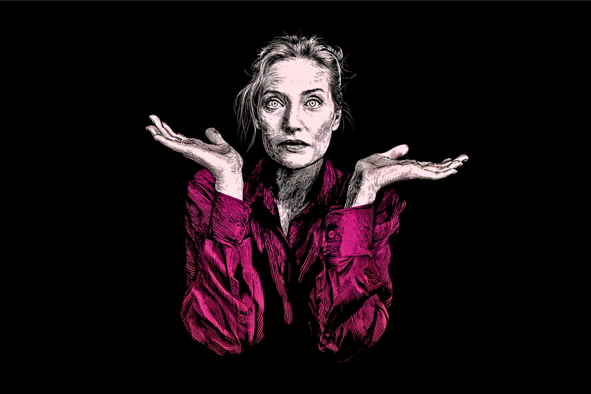 Illustration of a woman with a confused expression, wearing a magenta shirt, raising both hands in a shrugging gesture against a black background.