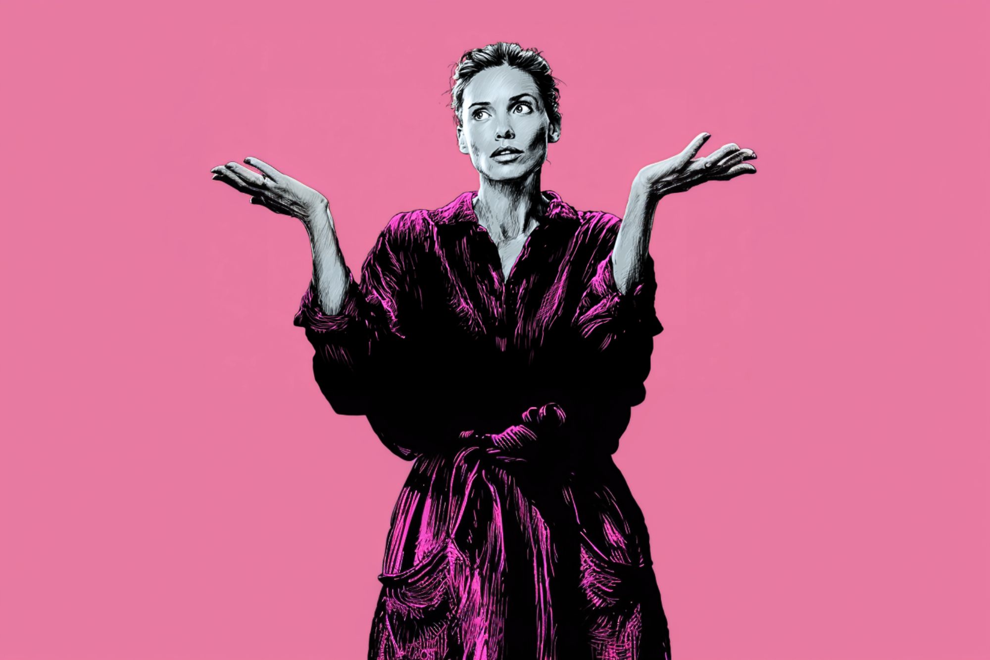 A woman in a robe stands against a pink background, raising both hands with a confused or uncertain expression.