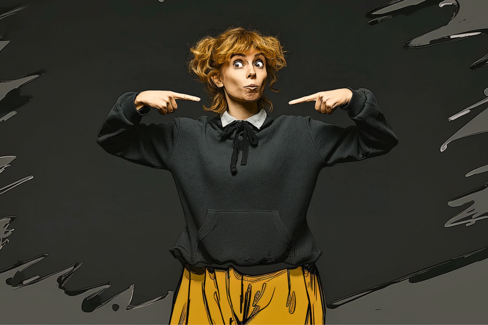 A woman with curly hair wearing a black sweater and yellow pants stands against a dark background, making a playful face and pointing at herself with both hands. The image has a cartoon-like effect.