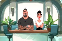 A cartoon man with tattoos and a woman with hoop earrings sit at a table with crossed arms, looking serious. They are surrounded by green plants and modern decor in a bright, stylish room.