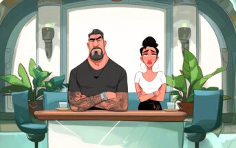 A cartoon man with tattoos and a woman with hoop earrings sit at a table with crossed arms, looking serious. They are surrounded by green plants and modern decor in a bright, stylish room.