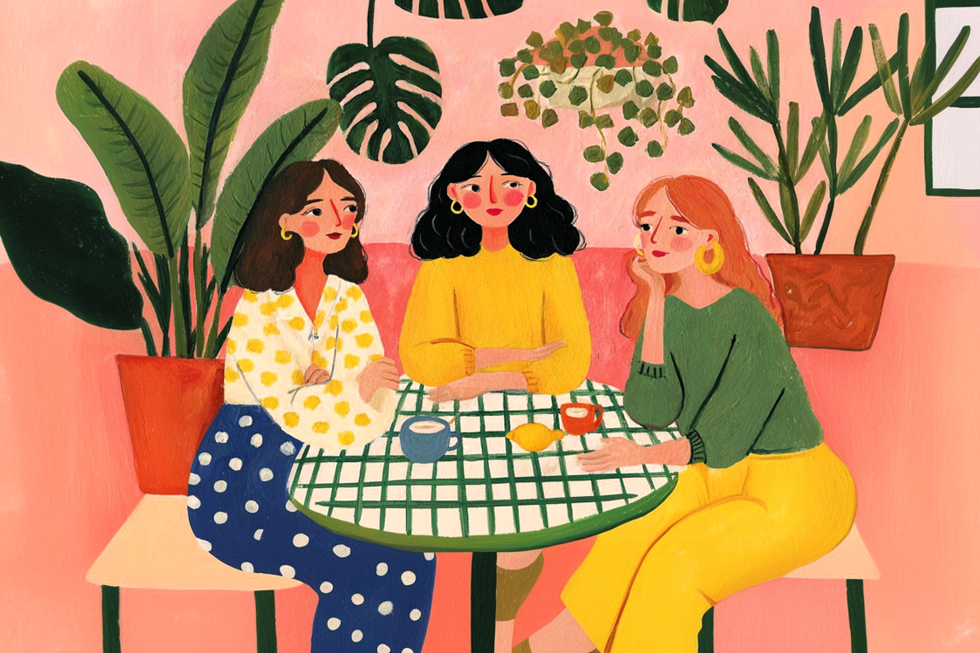 Three women sit around a green-checkered table with drinks, surrounded by large potted plants. They wear colorful clothes and appear to be chatting in a cozy, pink-themed setting.