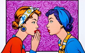 Two women in colorful, retro-style clothing and headscarves face each other. One whispers into the other's ear against a vibrant purple, patterned background, evoking a pop art comic book style.