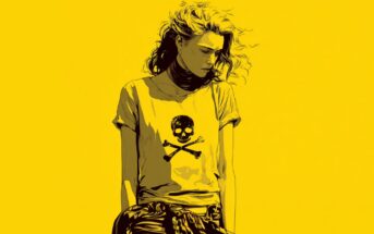 A moody illustration of a young woman with wavy hair, wearing a t-shirt featuring a skull and crossbones graphic, stands against a solid yellow background.