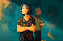 An illustration of a woman and a man standing back to back, both with arms crossed and looking away from each other, against a textured teal and orange background. The woman wears a floral dress and the man wears a dark shirt.