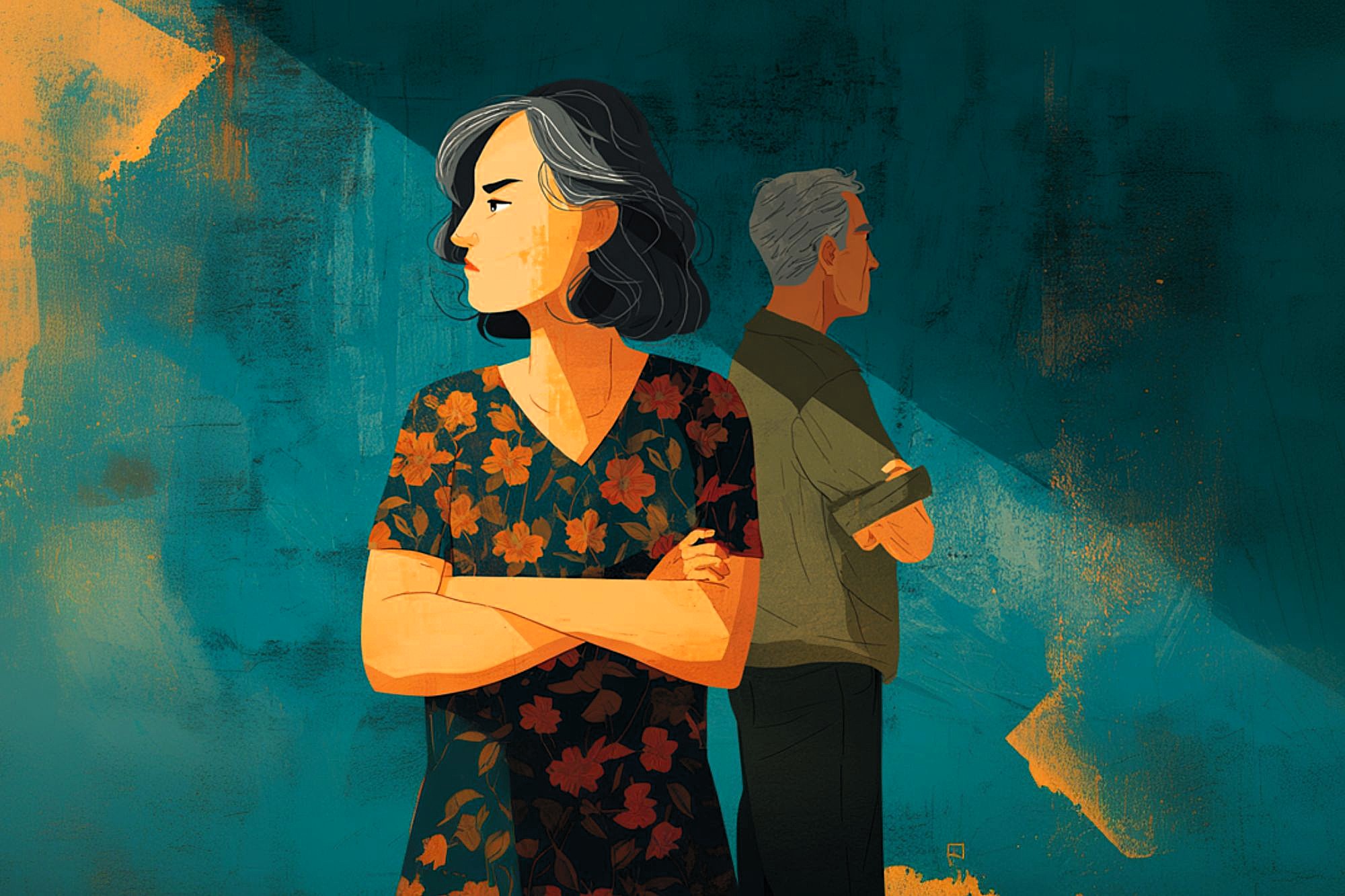An illustration of a woman and a man standing back to back, both with arms crossed and looking away from each other, against a textured teal and orange background. The woman wears a floral dress and the man wears a dark shirt.