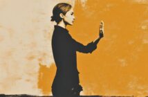 A woman in profile stands with her arm extended and palm facing outward, as if pressing against an invisible barrier, against a textured orange and white background.