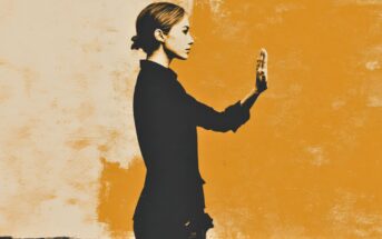 A woman in profile stands with her arm extended and palm facing outward, as if pressing against an invisible barrier, against a textured orange and white background.