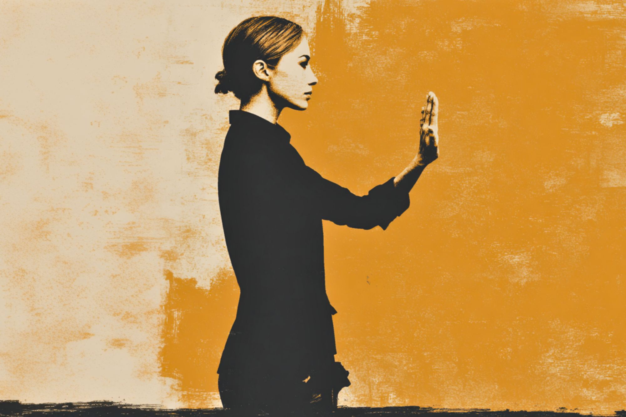 A woman in profile stands with her arm extended and palm facing outward, as if pressing against an invisible barrier, against a textured orange and white background.