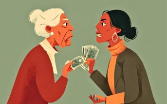 An elderly woman and a younger woman argue while each holds cash; both appear upset, with furrowed brows and tense posture, standing against a plain green background.