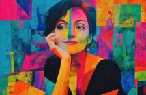 A colorful, abstract portrait of a woman with short dark hair, resting her chin on her hand, smiling slightly. The background and her face are created with vibrant geometric shapes in bold, vivid colors.