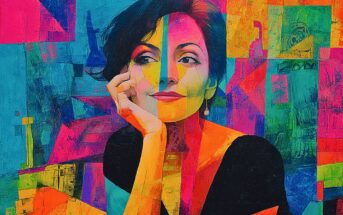 A colorful, abstract portrait of a woman with short dark hair, resting her chin on her hand, smiling slightly. The background and her face are created with vibrant geometric shapes in bold, vivid colors.