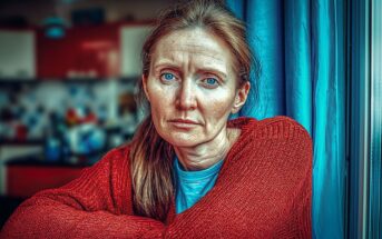 A woman with light skin and blue eyes, wearing a red sweater, sits indoors by a window, looking thoughtfully into the camera with a serious expression. The background shows a kitchen out of focus.
