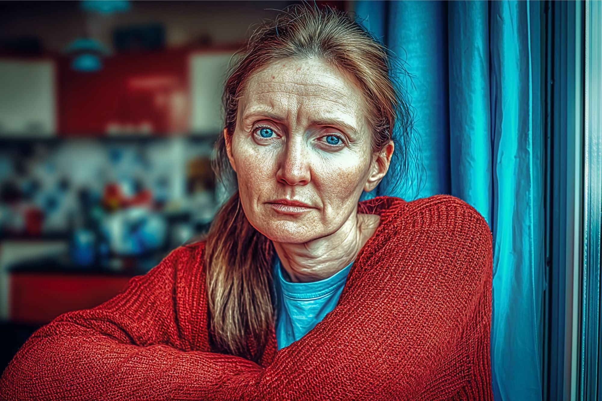 A woman with light skin and blue eyes, wearing a red sweater, sits indoors by a window, looking thoughtfully into the camera with a serious expression. The background shows a kitchen out of focus.