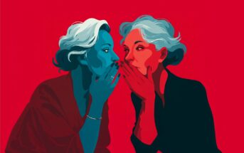 Two women with gray hair, one in blue tones and the other in red tones, whisper secrets to each other with hands covering their mouths, set against a vibrant red background.
