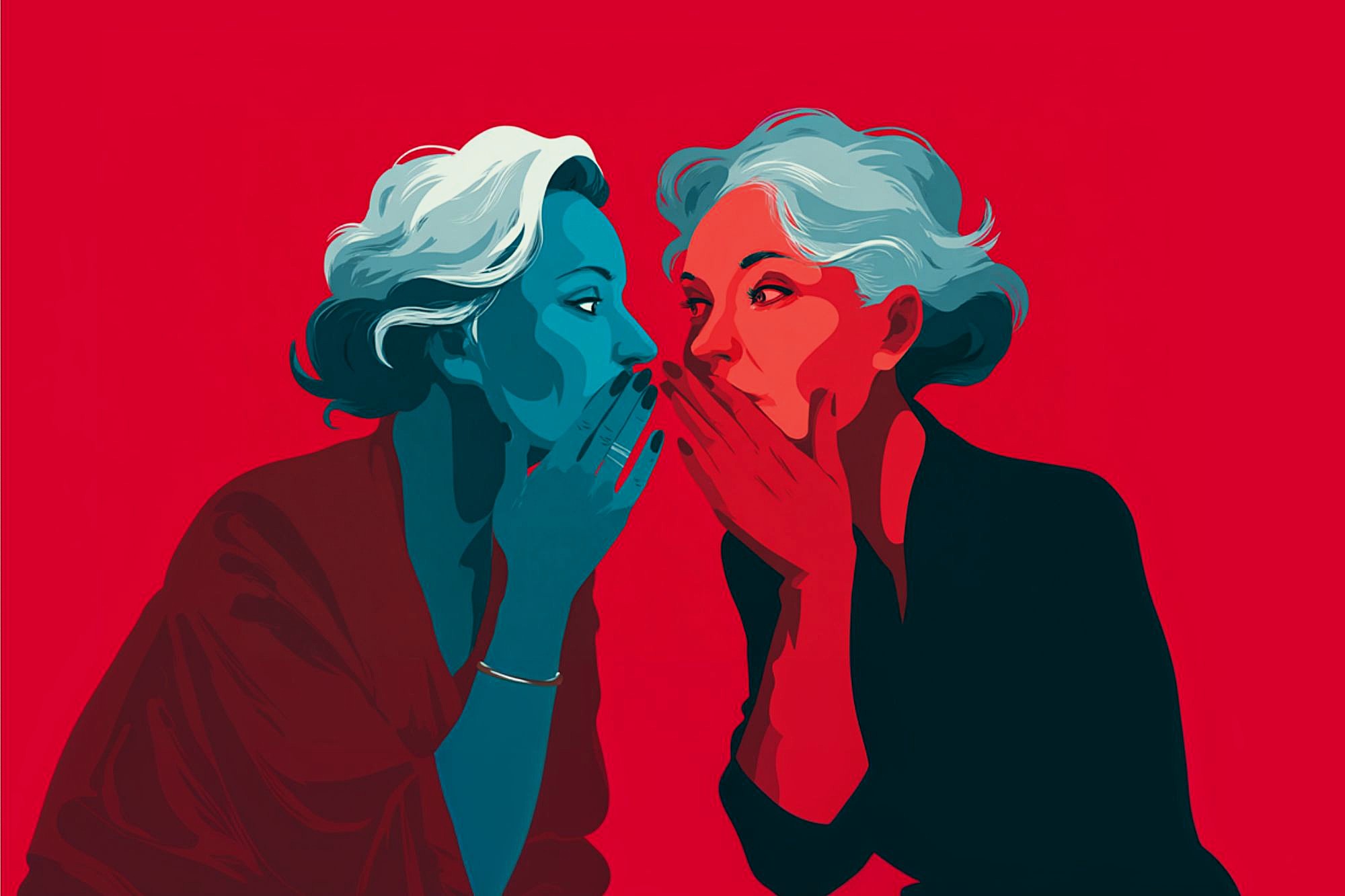 Two women with gray hair, one in blue tones and the other in red tones, whisper secrets to each other with hands covering their mouths, set against a vibrant red background.